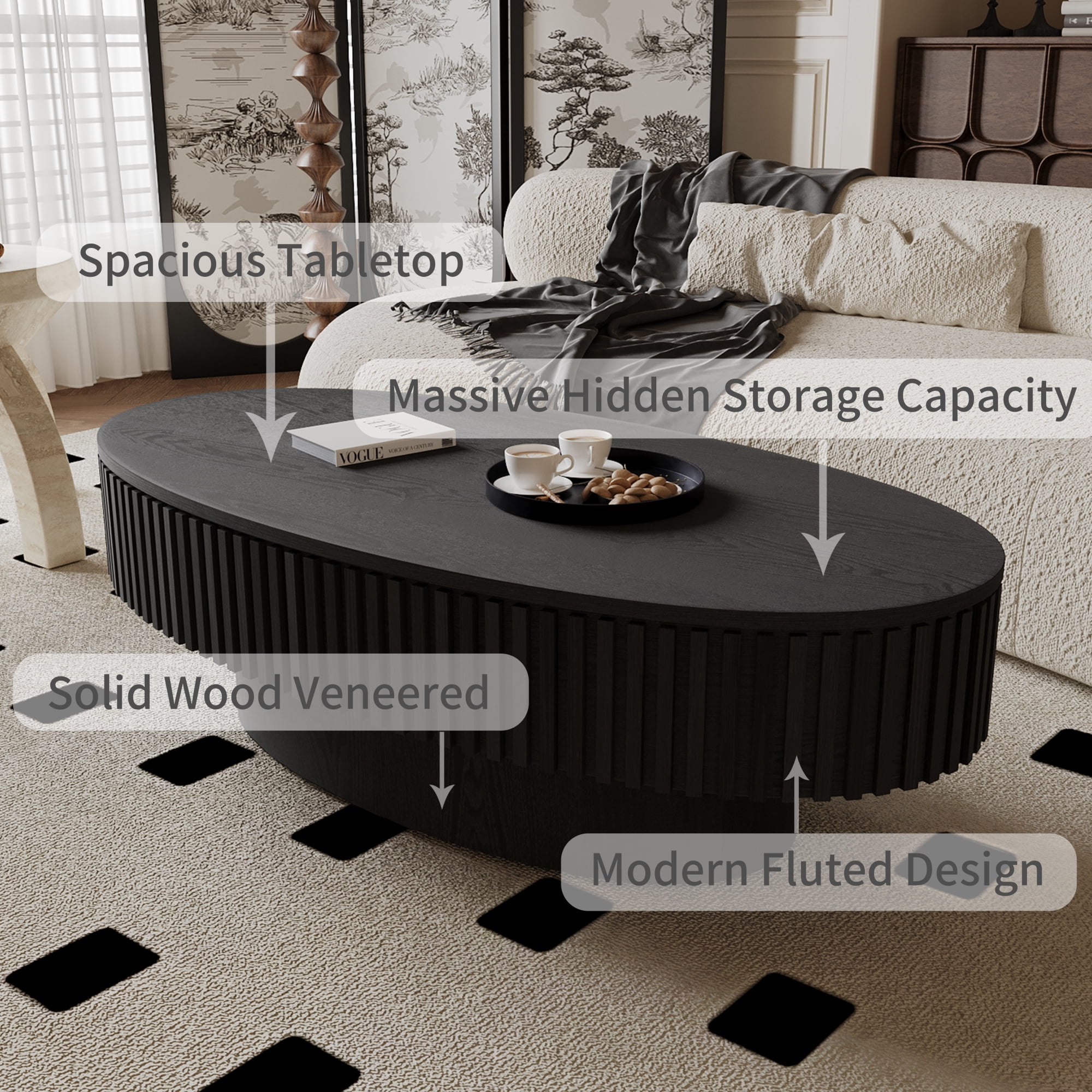 47" Oval Wooden Coffee Table with Storage, Fluted Drum Coffee Table with Lid, Luxury Solid Wood Center Cocktail Tea Table, Modern Oval Coffee Tables for Living Room Office