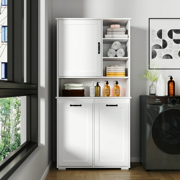Noble House Elshore 63" Laundry Cabinet, Dual Tilt-Out Hampers, Adjustable Shelves, Multiple Storage Space, White