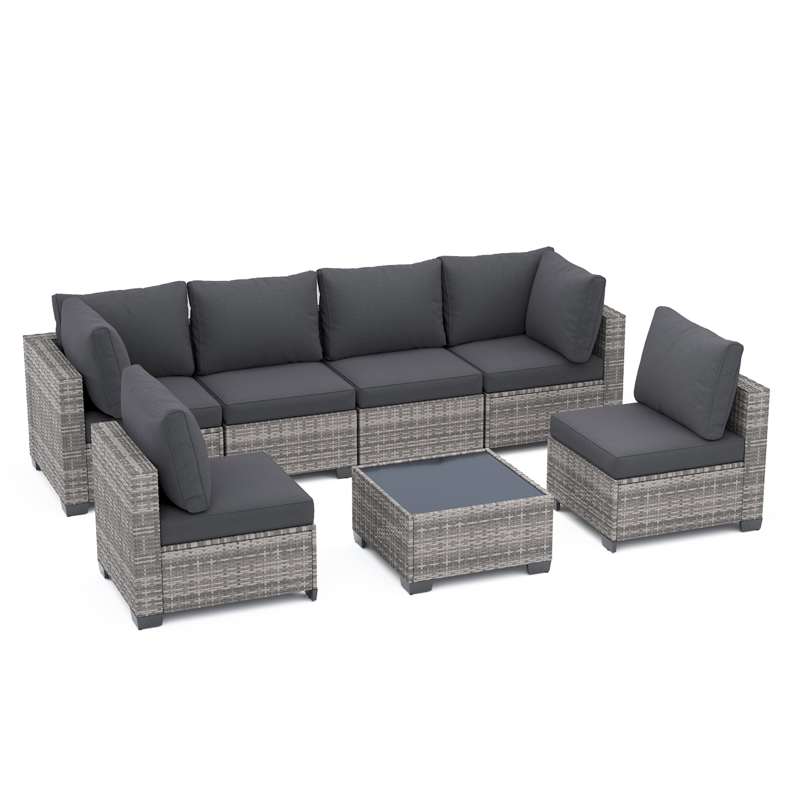 YIORTWO 7-Piece Outdoor Patio Furniture Set, Modular Wicker Sectional Sofa with 3.15" Thick Cushions, All-Weather Rattan Conversation Set with Tempered Glass Table, Grey