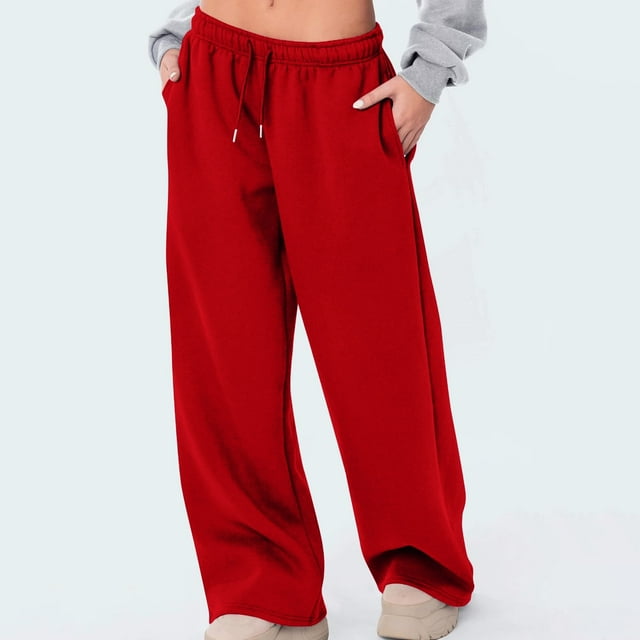 TIMIFIS Red Womens Baggy Sweatpants Wide Leg Athletic Casual Long Pants Elastic Waist Drawstring with Pockets Solid Color Workout Pants