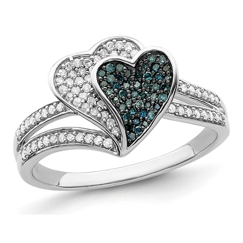 1 3 Carat ctw Blue White Diamond Heart Promise Ring in Sterling Silver