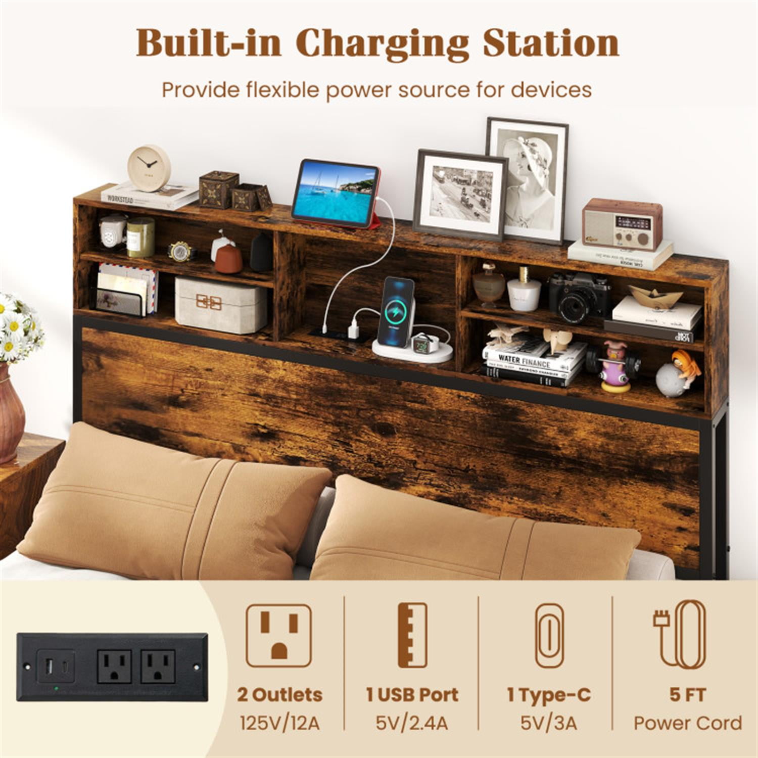 Demi Bonn Queen Size Bed Frame with Wooden Headboard and Footboard, Industrial Metal Platform Bed Frame with Under Bed Storage, No Box Spring Needed, Brown
