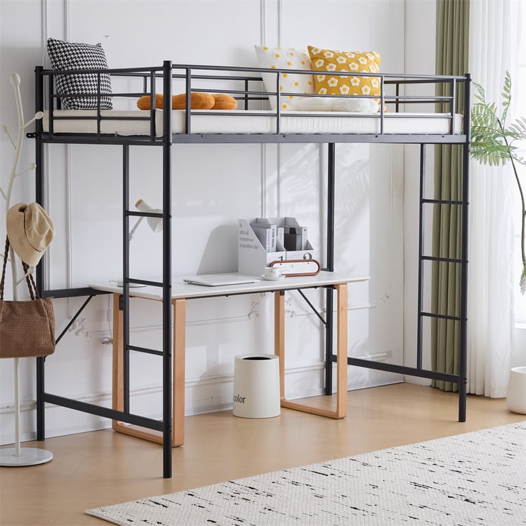 Zimtown Twin Loft Bed with Dual Ladders, Black Metal Frame photo 4