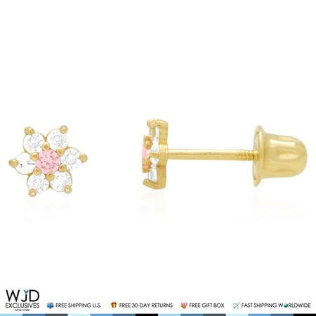 Yellow Gold Flower Earrings 14k Solid Yellow Gold Diamond And Pink Topaz Flower Cluster Screwback Stud Earrings 0.50Ct ()