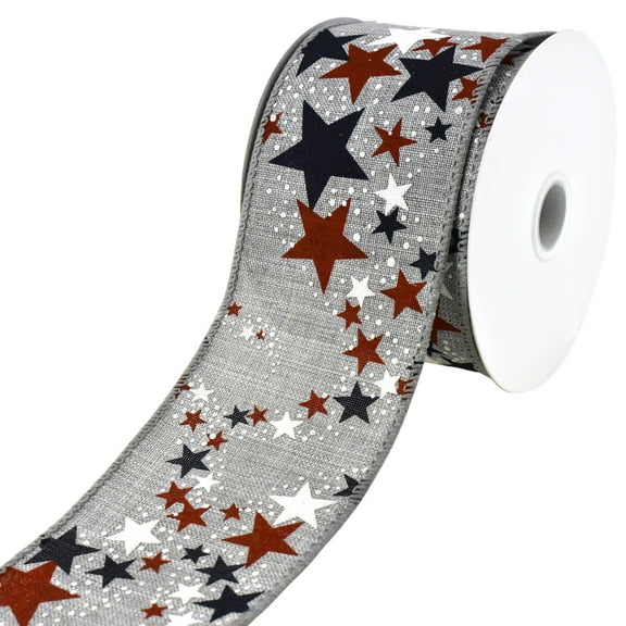 Patriotic Star Bursts Faux Linen Wired Ribbon, 2-1/2-inch, 10-yard, Gray