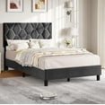 thumbnail image 1 of Historyli Cama tapizada de tamaño completo con plataforma y cabecero, listones de madera, sin somier, color gris claro, 1 of 6