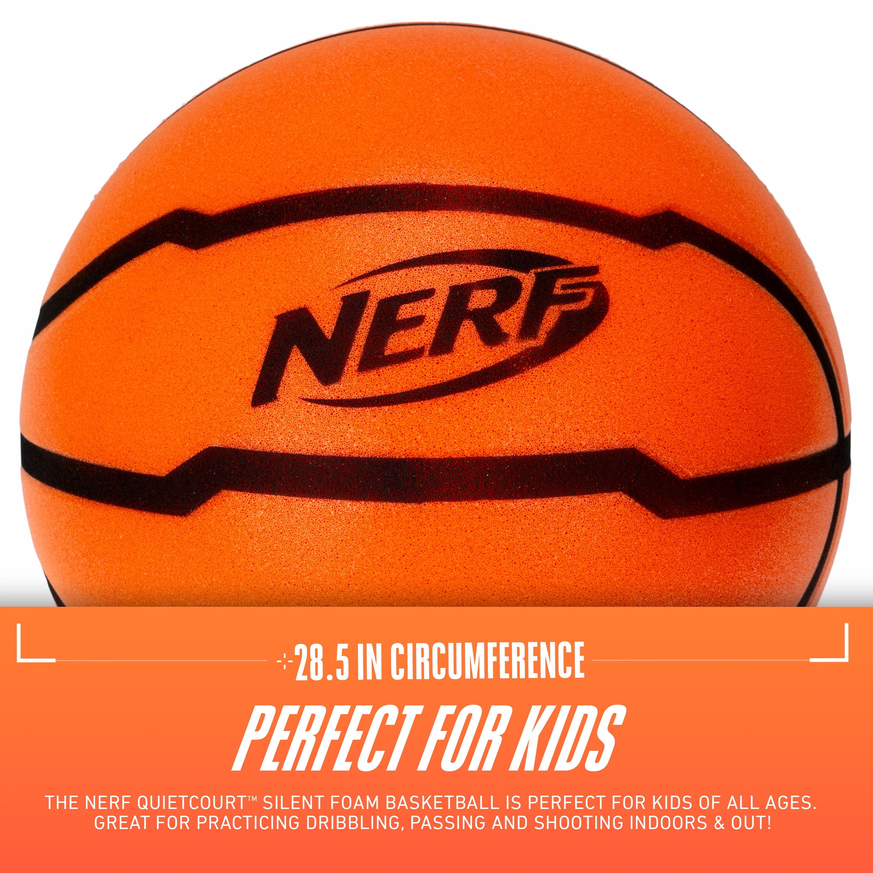 NERF Quietcourt Silent Foam Basketball - Quiet Ball for Indoor Dribbling Practice + Drills - 28.5" inch Kids + Youth Basketball - Never Goes Flat Foam