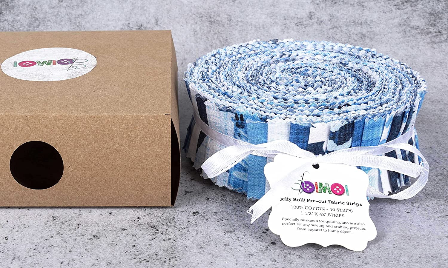 Soimoi 40Pcs Block Print Precut Fabrics Strips Roll Up 1.5x42inches Cotton Jelly Rolls For Quilting - Blue