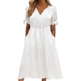 thumbnail image 2 of Women's Short Sleeve Dresses with Pockets Plus Size Multi-Color Satin Zipper V-Neck Dress, 2 of 9