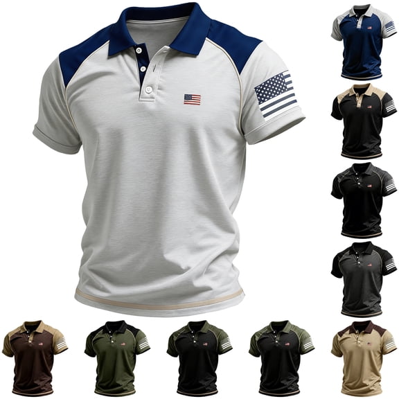 Men's Patriotic Tactical Polo Shirt with American Flag Sleeve Patch and Color Block Design Featuring Short Sleeve Turn-Down Collar Army Green L