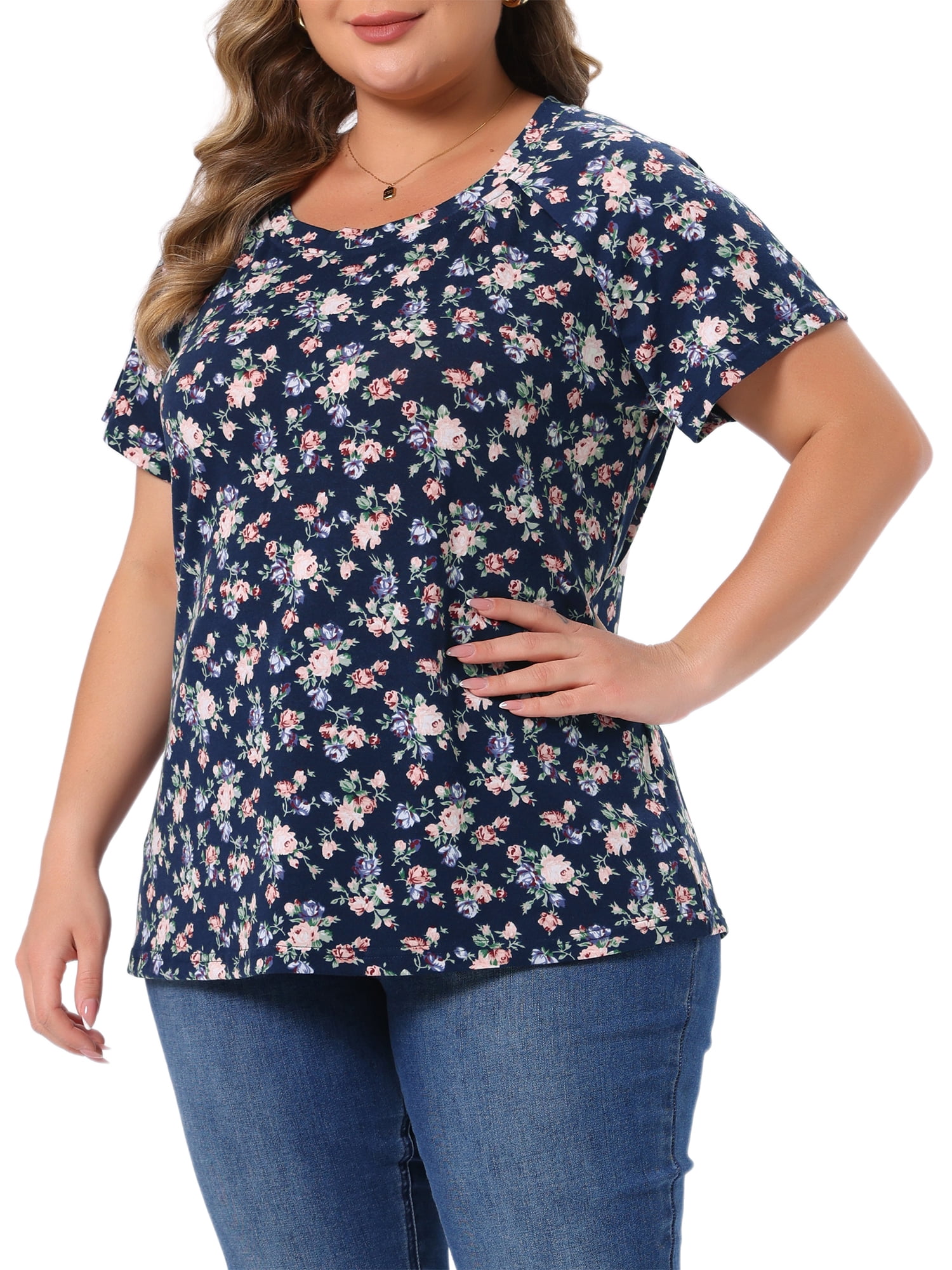 DARING DIVA Women's Plus Summer Casual Floral Top Blouse Round Neck Tee 3X Navy Blue