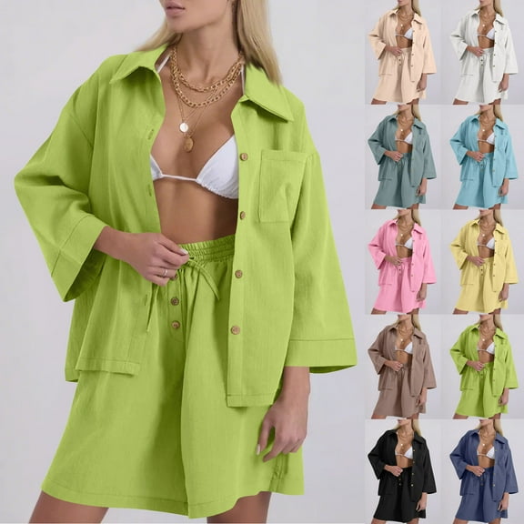 QATAINLAV Cotton Linen Two Piece Sets for Women Casual Button Down 3/4 Sleeve Shirts and Loose Bermuda Shorts Solid Lounge Set with Pockets, White, L,
