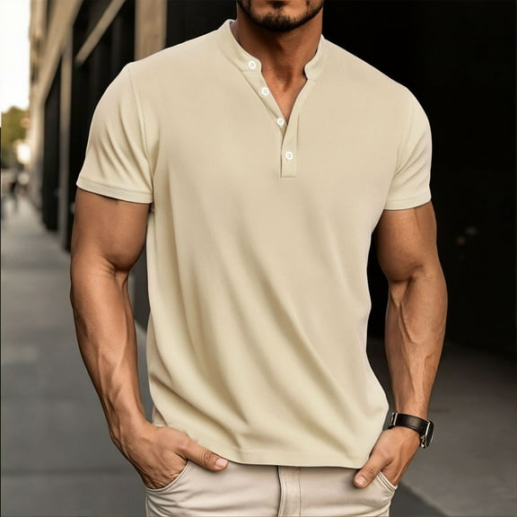 Ceisia Men's Short Sleeve Mandarin Collar Shirt Solid Linen Cotton Wrinkle Free Casual Summer Button Down Top Beige M Gifts for Father