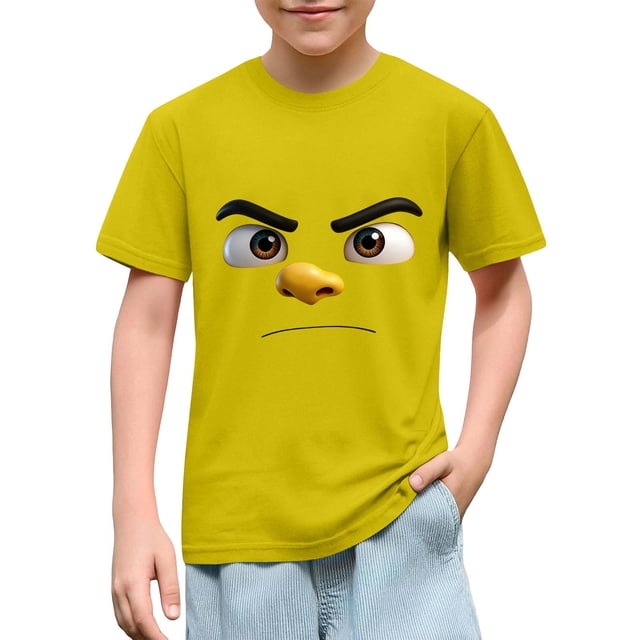 Blusas y camisas de manga corta con cuello redondo para niños y niñas, color liso, con estampado de expresión linda, manga corta, holgadas y cómodas, blusa para niña