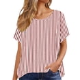 thumbnail image 5 of Lenpel Linen Tops for Women Cotton Short Sleeve Scoop Neck Curved Hem Striped T-Shirts Casual Tee Shirts Loose Tunic Blouses, 5 of 6