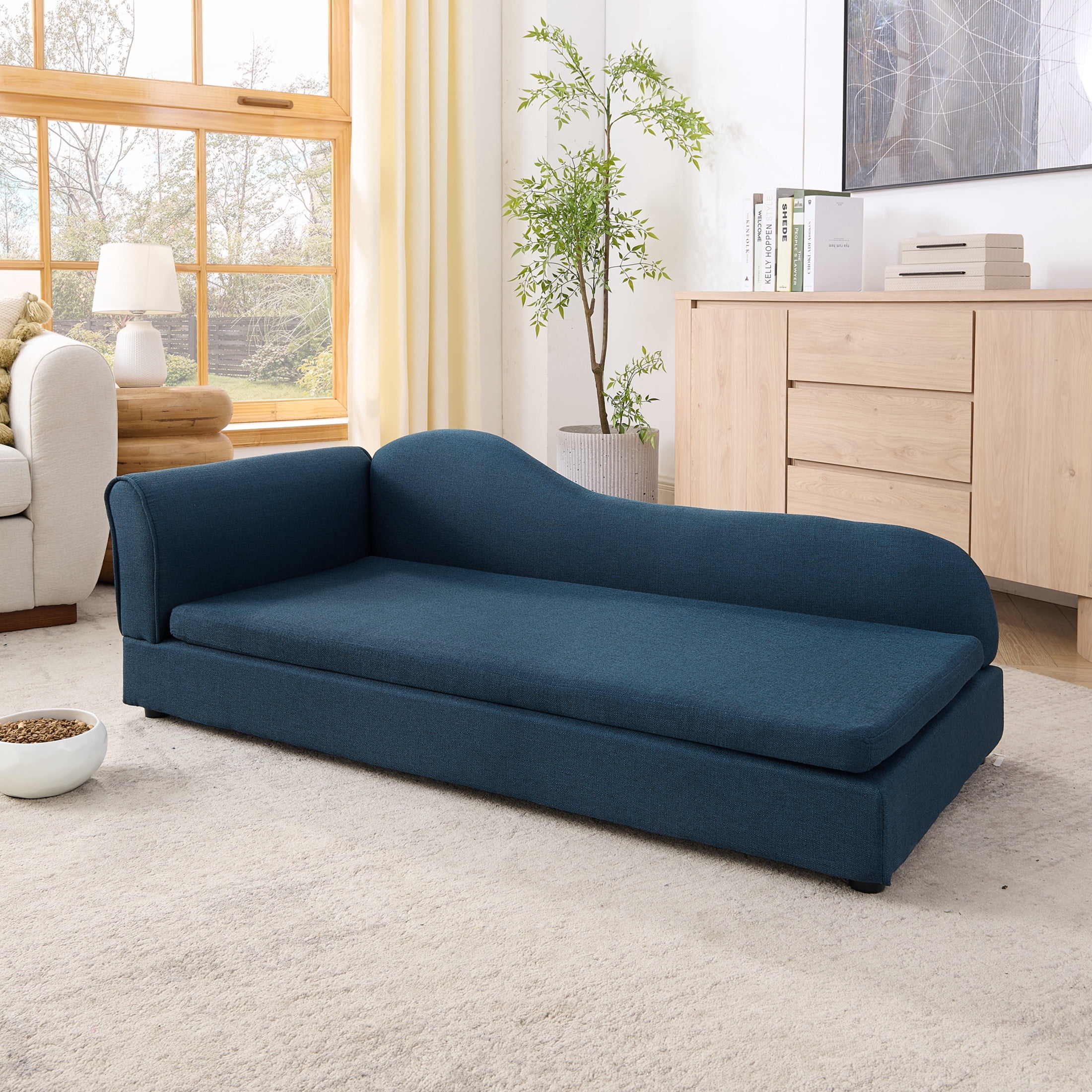 Noble House 55" Linen Upholstered Oversized Pet Sofa, Irregular Wave Backrest Dog Bed with Single Armrest, Dark Blue
