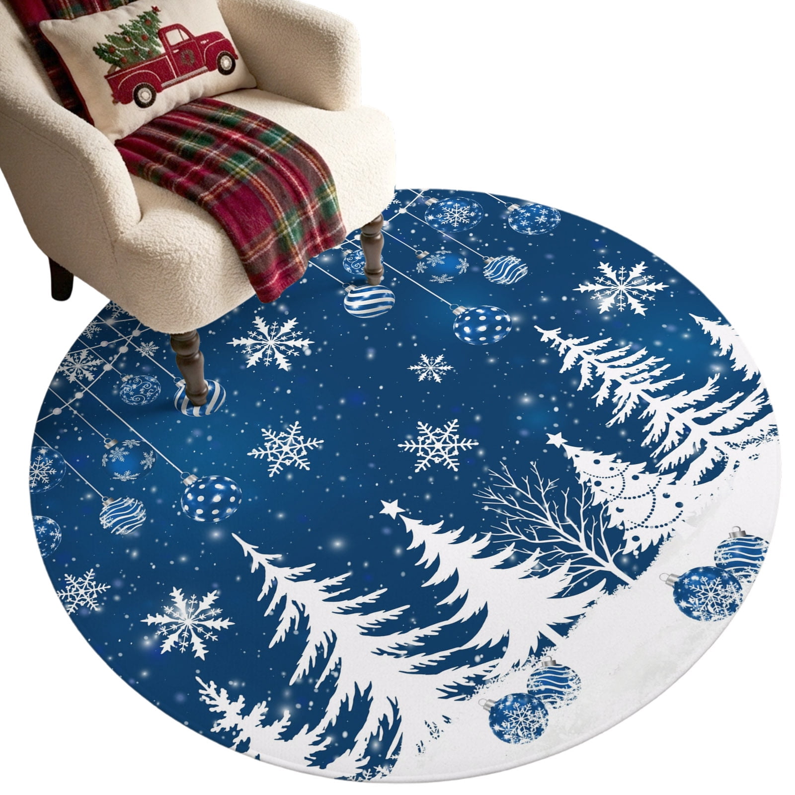 Round Area Rug - 3ft Christmas Tree Snowflake Non Slip Washable Circle Carpet Soft Large Floor Rugs for Living Room Bedroom Nursery Office