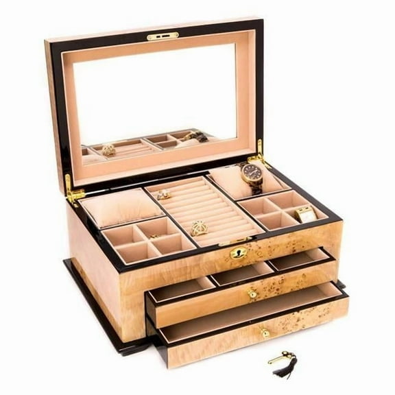 Birdseye Maple Lacquered Wood 3 Level Jewelry Box