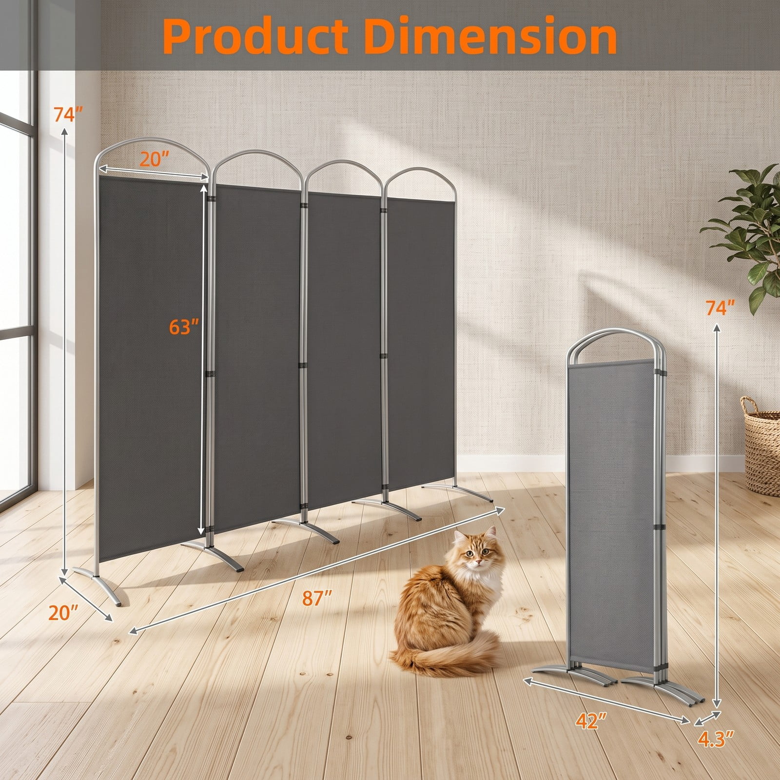 ALPULON 6.2Ft Folding 4-Panel Room Divider Freestanding Privacy Screen Partition for Home Office Living Room Bedroom, Polyester Fabric with Metal Base, Gray