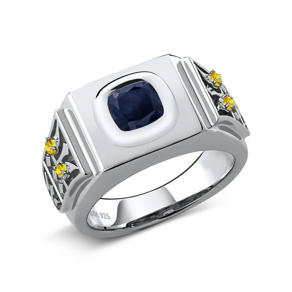 Gem Stone King 2.86 Ct Cushion Blue Sapphire Yellow Sapphire 925 Sterling Silver Men's Ring (Size 11)