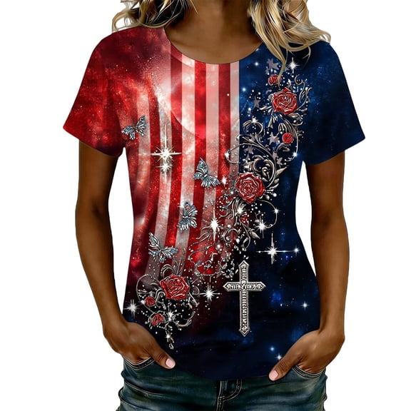 Trendfront Womens Glitter Butterfly Rose T-Shirt 4th of July Independence Day Casual Basic Tee Crewneck Short Sleeve Summer Tops