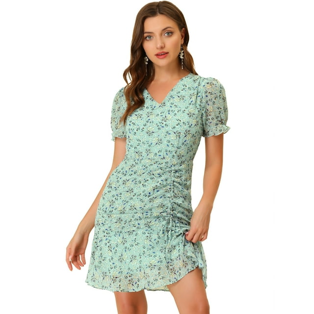 INSPIRE CHIC Women's Floral Puff Sleeve V Neck Drawstring Ruched Ruffle Dress Green XS