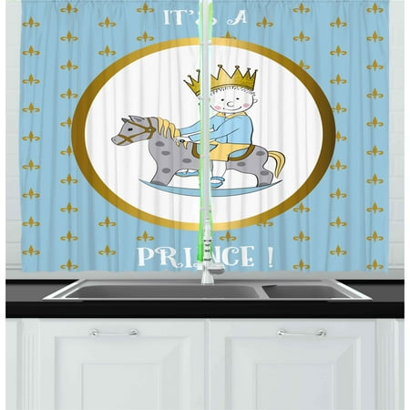 Gender Reveal Curtains 2 Panels Set, It's A Prince Quote with Newborn Boy Riding a Horse Damask Inspired, Window Drapes for Living Room Bedroom, 55W X 39L Inches, Gold Pale Blue, by Ambesonne