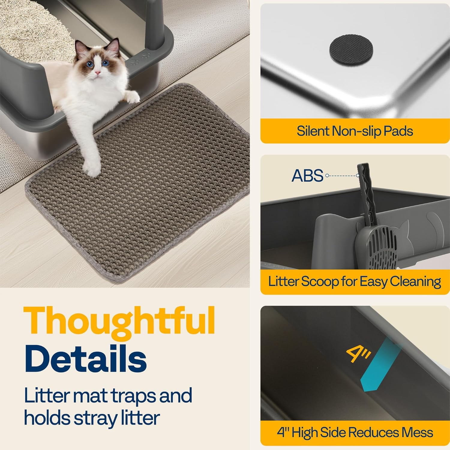 SPECSTAR Extra Large Stainless Steel Cat Litter Box, 23.6"x15.7" with Double Layer Litter Mat and Scoop, Dark Gray
