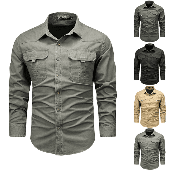 Men's Fishing Shirt Tactical Quick Dry Long Sleeve Work Shirt with Pockets Breathable Sun Protection for Hiking Casual Outdoor