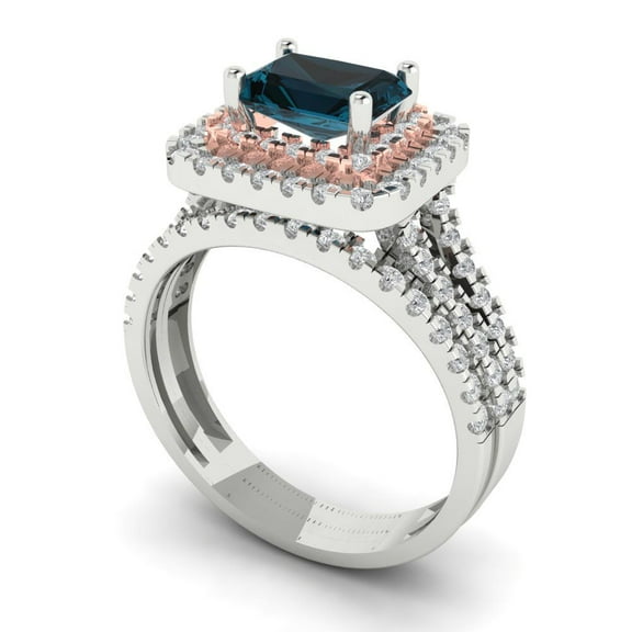 3.05ct Brilliant Emerald Cut Natural London Blue Topaz 14k White/Rose Gold Halo Solitaire with Accents Engagement Bridal Wedding Ring Band Set size 7.5
