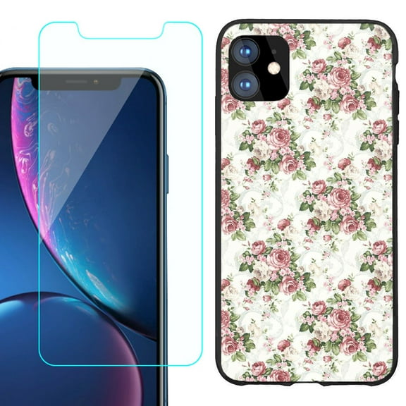 For Apple iPhone 11 Phone Case , Slim-Fit TPU Protective Case (Black), with Tempered Glass Screen Protector, by OneToughShield ® - Floral/Rose