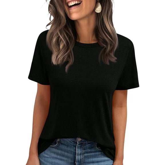 Delconic Womens Tops Summer Short Sleeve Ribbed Trim Crewneck T Shirts Spring Vacation Outfits Fashion Clothing Basic Tee Black L