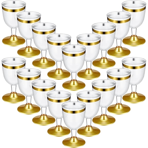 48 Pcs Disposable Plastic Wine Glasses 6 oz Party Wine Cups Hard Plastic Drinking Glasses with Stem Stackable Stemmed Goblets for Champagne Dessert Wedding Home Toasting(Gold Rim)