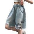 thumbnail image 2 of Girls Denim Shorts Mid Rise Stretchy Cut Off Frayed Denim Shorts Ripped Summer Casual Beach Holiday Clothes 01 Blue Size 6-7 Years, 2 of 8