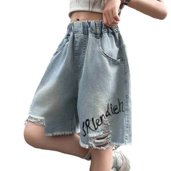 LUOGENLI Jean Shorts for Girls 12-14 Cat and Jack Girls Summer Denim Shorts Loose Fit Wide Leg Straight Cut Art Distressed Casual Five Point Shorts (Blue Size 9-10 Years)