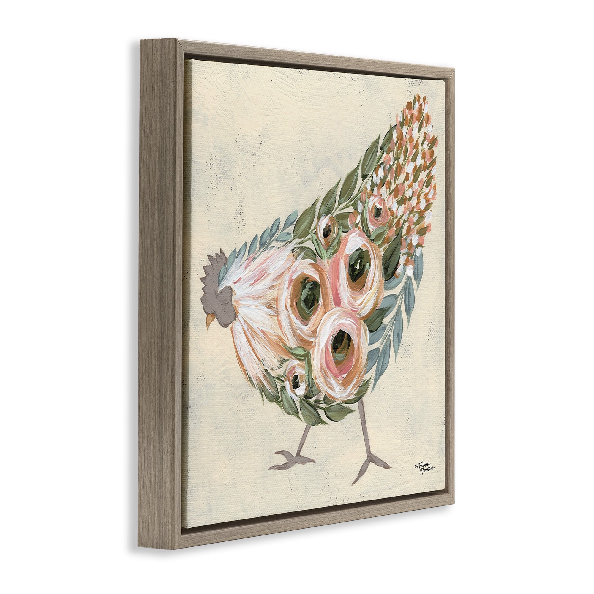 Stupell Industries Vintage Chicken with Floral Body Animals & Insects Painting Brown Floater Framed Canvas Art Print Wall Art, 25 x 25