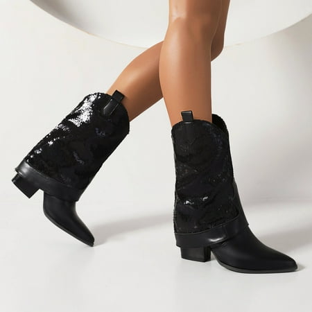 

Fesfesfes Cowgirl Boots for Young Ladies Autumn And Winter Boots Sequined Pointed Toe Chunky High-heeled Mid-boots 5.5(36)