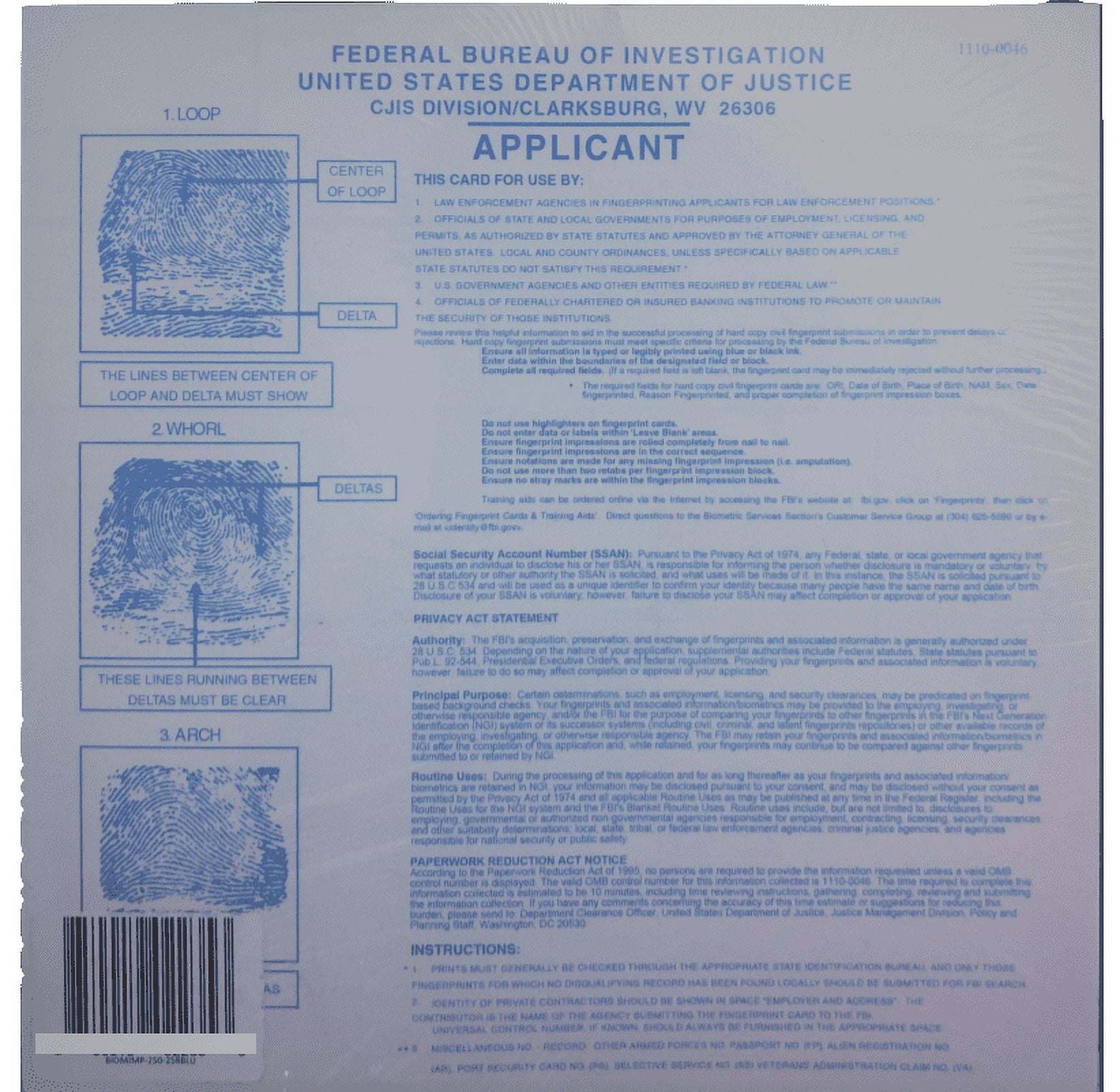 FD-258 Fingerprint Card - Blue, 10 Pack