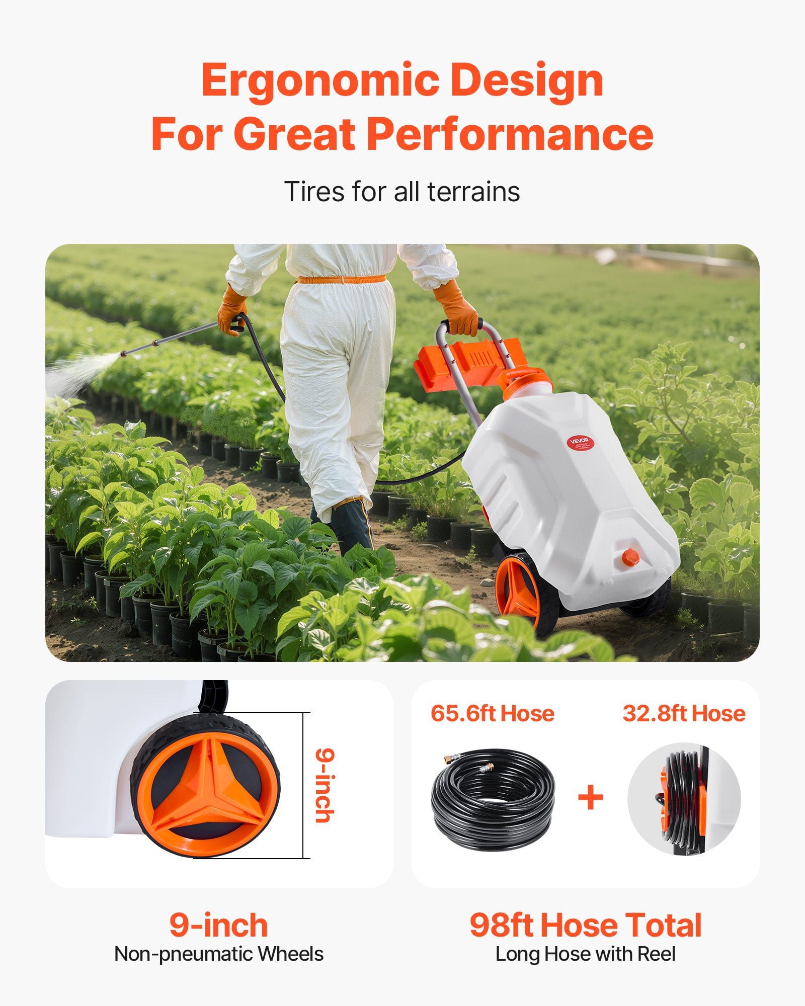 Electric Weed Sprayer 10 Gallon Battery Powered Adjustable Pressure 0-80 PSI 5 Nozzles 98 Foot Hose 3-6 Hour Spraying Time Wheeled Cart for Weeding and Cleaning