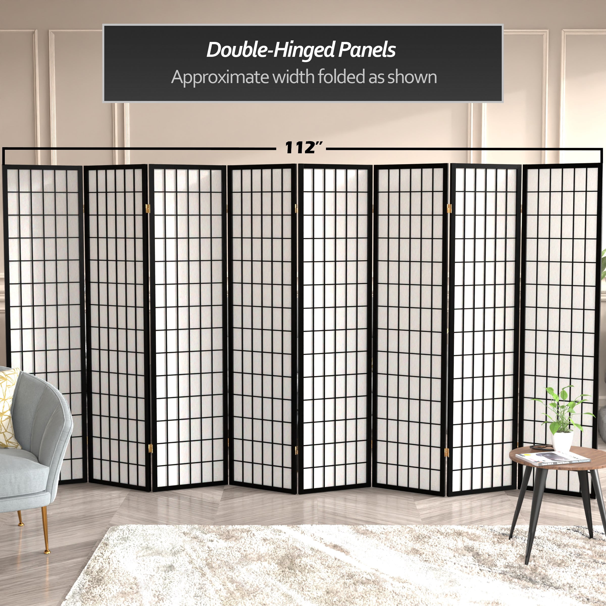 6 ft. Tall Window Pane Shoji Screen - Black - 8 Panels