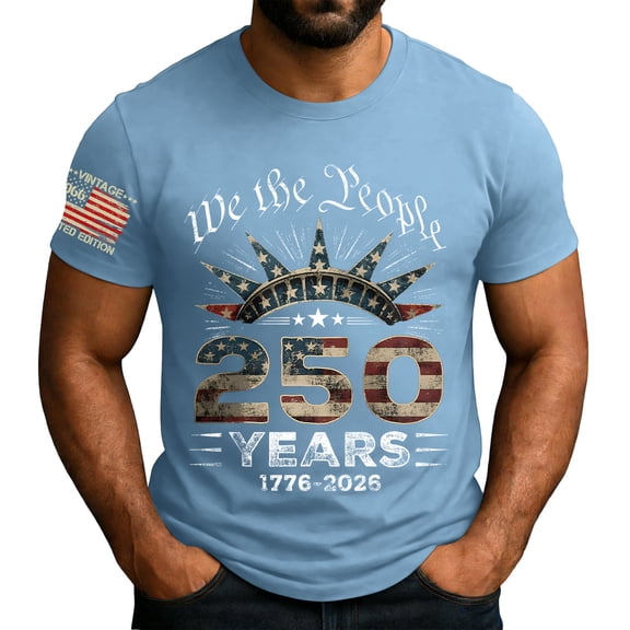 LNZGNM Men's 250 Anniversary USA Shirt Flag Print Crewneck T-Shirt Short Sleeve Patriotic Shirts Fashion Parade Tops,Light Blue 2XL