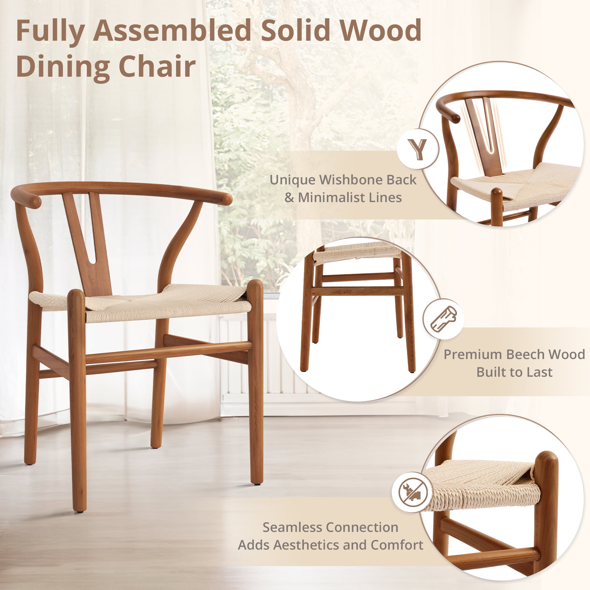 DYCANPO Wood Dining Chairs Set of 2, Mid Century Modern Y-Shaped Backrest, Fully Assembled, Walnut