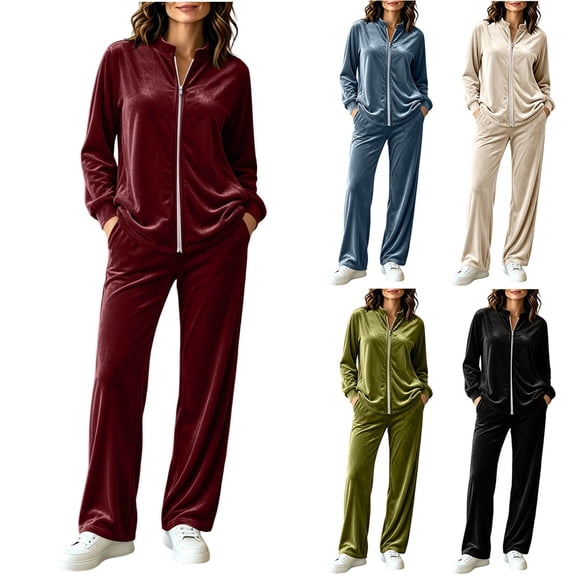 Women's Velvet 2 Piece Tracksuit Zip Up Jacket Wide Leg Pants Set Stand Collar Casual Lounge Sweatsuit with Pockets Fall Winter Loungewear Wine