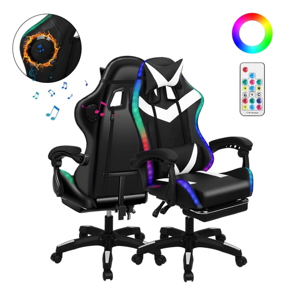 Piweml Gaming Chair with Bluetooth Speakers and RGB LED Lights Ergonomic Massage Computer Gaming Chair with Retractable Footrest Video Game Chair with High Back