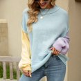 thumbnail image 2 of Suéter de punto Bloques de color Jersey con cuello redondo Hombro caído Suéter de manga larga para mujer Azul L, 2 of 7