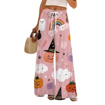 WTOBBY Women's Seasonal Casual Halloween Print Elastic Waist Drawstring Pocket Wide Leg Trousers with Festive Patterns for Fun Fall Outfits and Comfortable Wear,Pink L