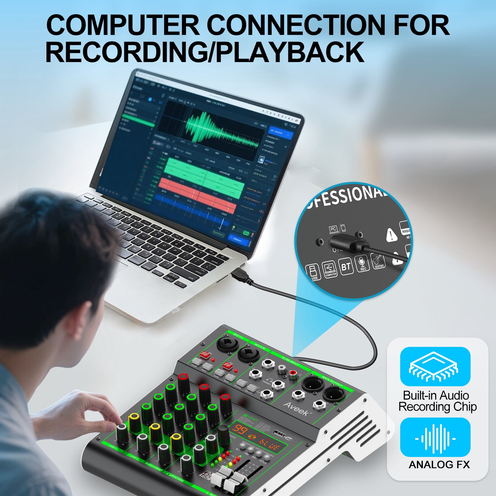 Aveek 4 Channel Audio Mixer, Professional Sound Board Mixing Console with Bluetooth USB, 48V Phantom Power & 99 DSP Effects for Karaoke Studio PC Recording Live Streaming
