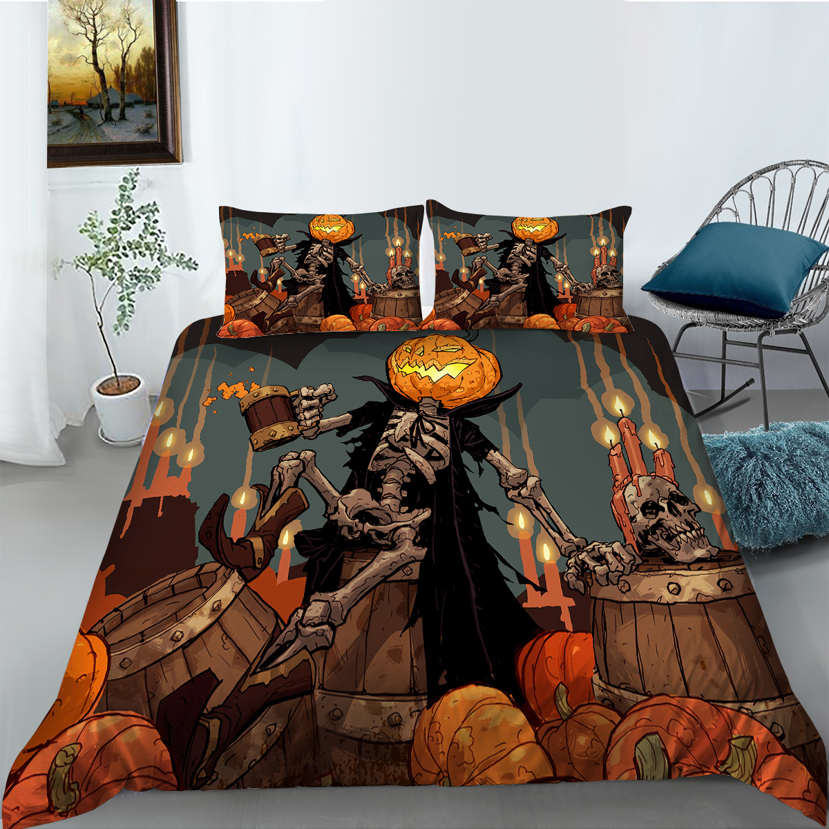 Skeleton Pumpkin Lights 3D Printed Duvet Cover Set Halloween Themed