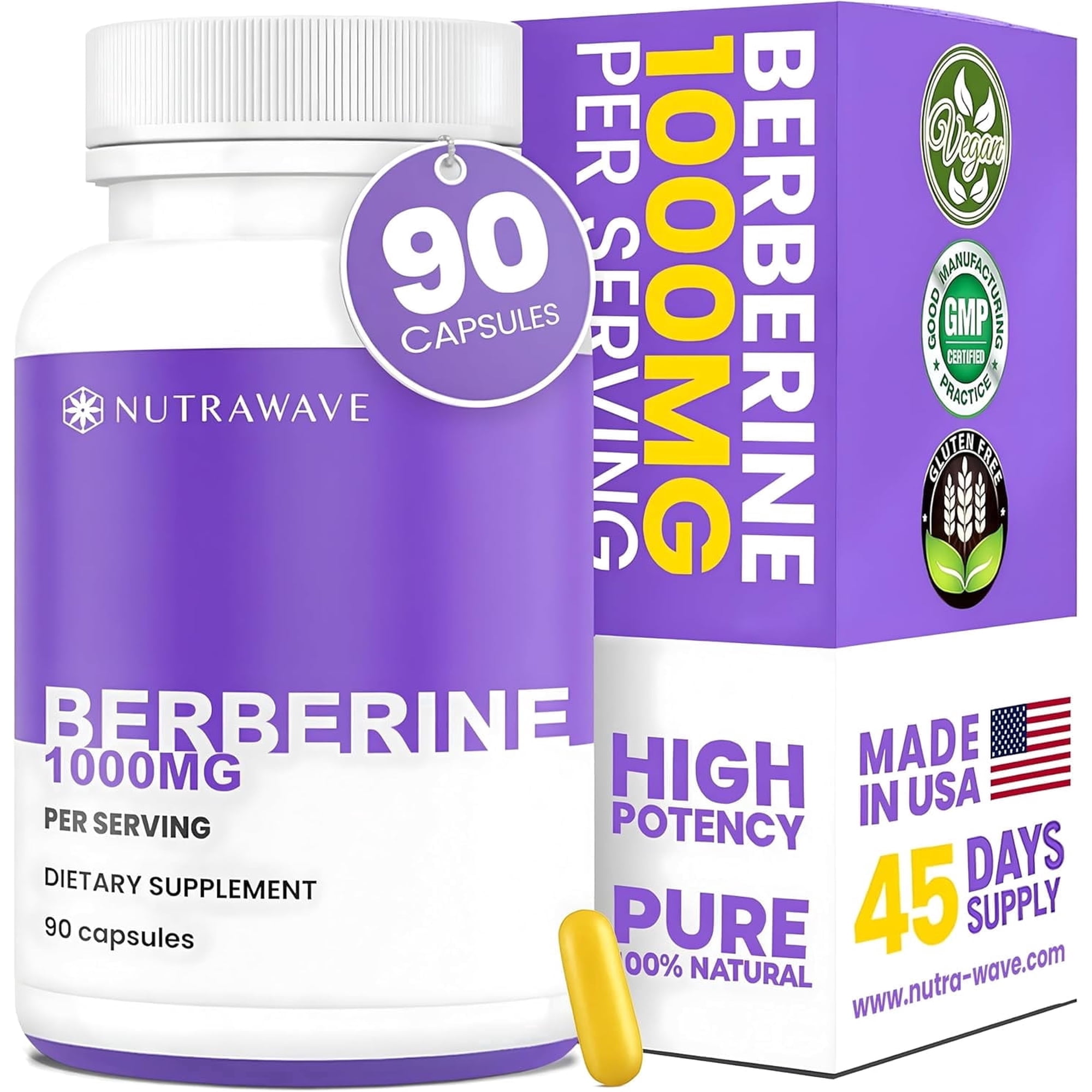 Nutra Wave Berberine 1000mg, Blood Sugar & Metabolism Support, 90 Vegan Capsules