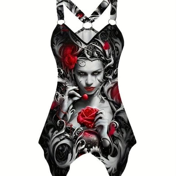Rose & Skull Print Dress, Gothic Sleeveless Asymmetrical Hem Dress, Women's Clothing